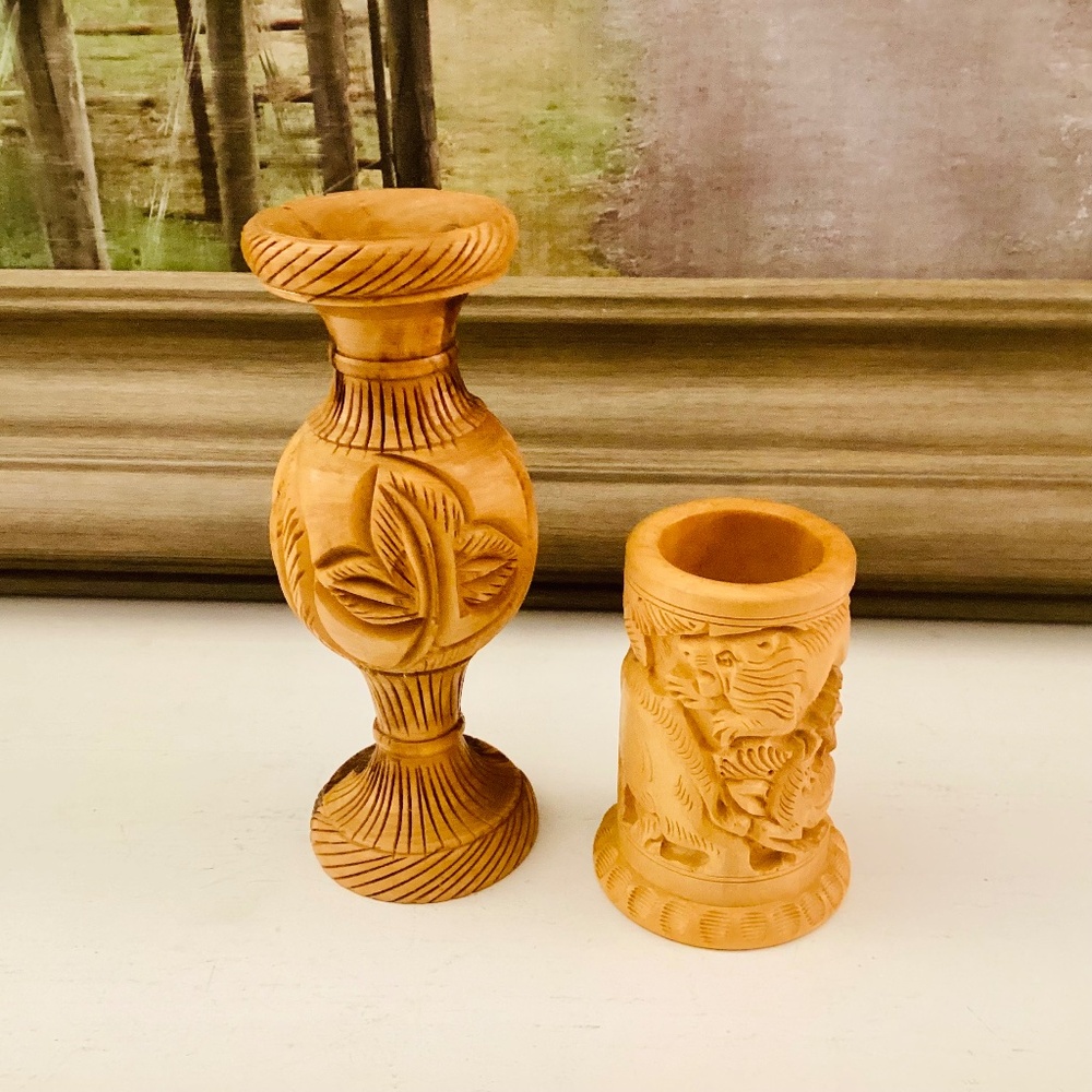 Handcrafted Carved Wooden Vase Pencil Holder Gift Set Of 2 Office Décor Vintage